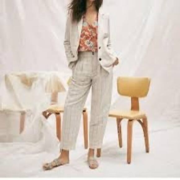 Madewell Pleated Tapered Windowpane Linen Blend Neutral Wide-Leg Pants Size 8 - Picture 1 of 11
